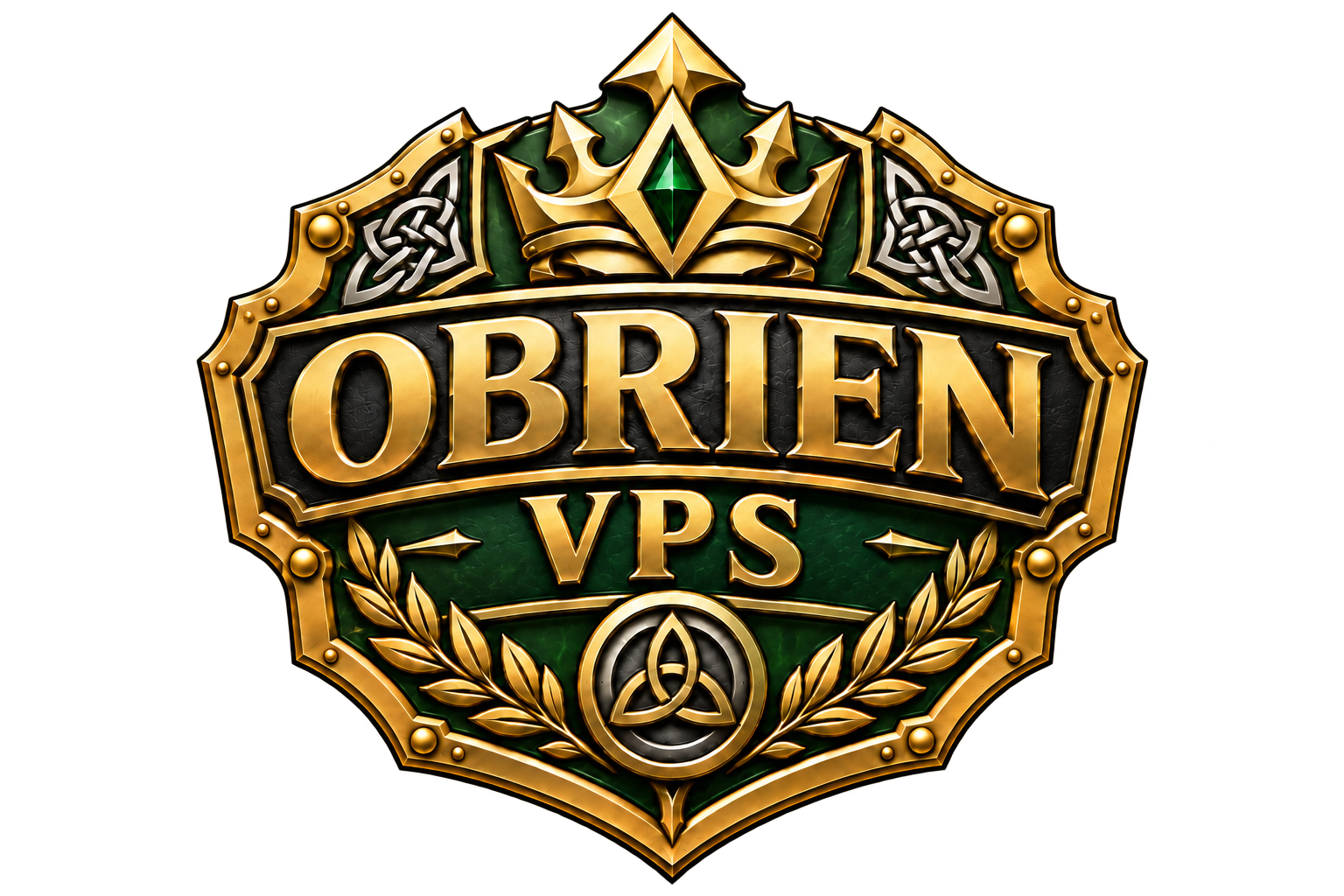 OBrien VPS gold and emerald crest with a crown, Celtic knots and laurel branches